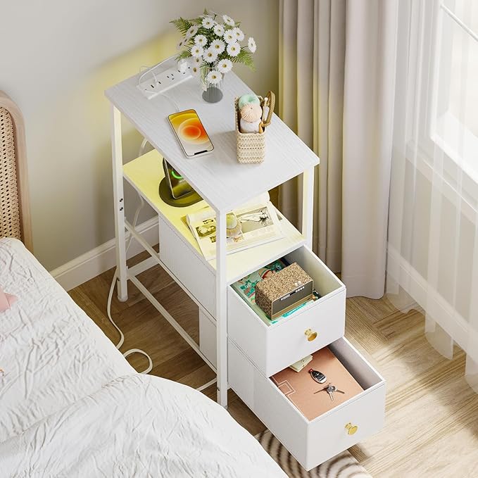 Fixwal Narrow Side Table with Charging Station and LED Light, Skinny Nightstand - Image 6