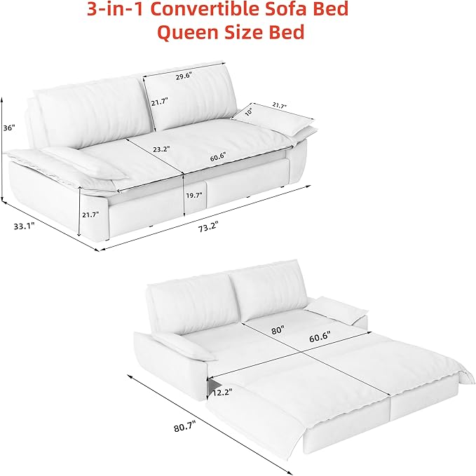 ERYE 73.2" Queen Size Sleeper Sofabed Modern 3 in 1 Convertible Loveseat - Image 2