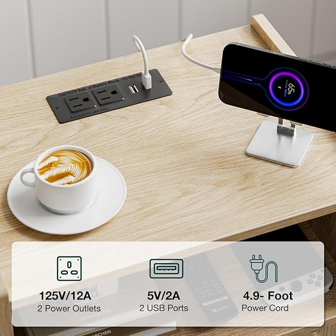 Side Table with Charging Station, Modern End Table with Fluted Drawer, Bedside - Image 4