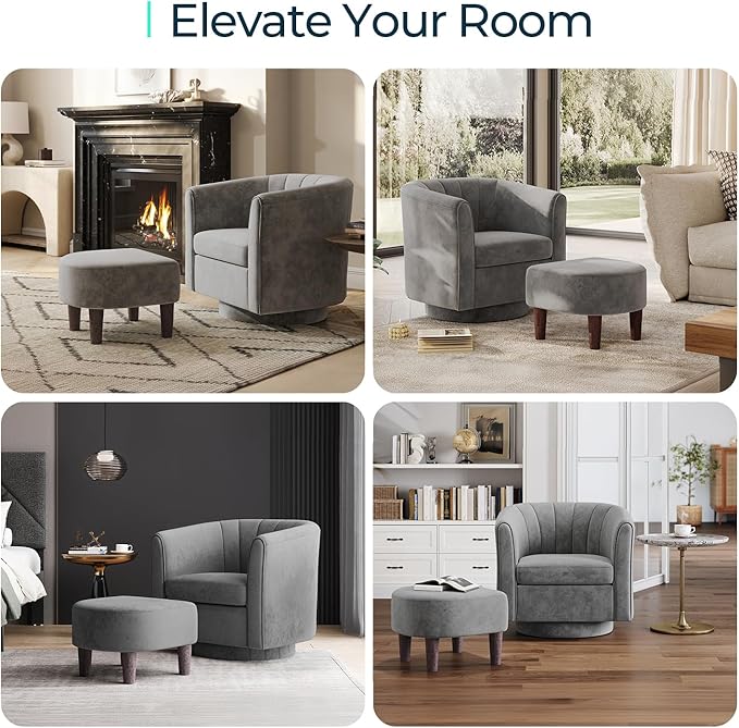 LINSY Swivel Accent Chair with Ottoman: Small Velvet Barrel Chair 360 Swivel - Image 5