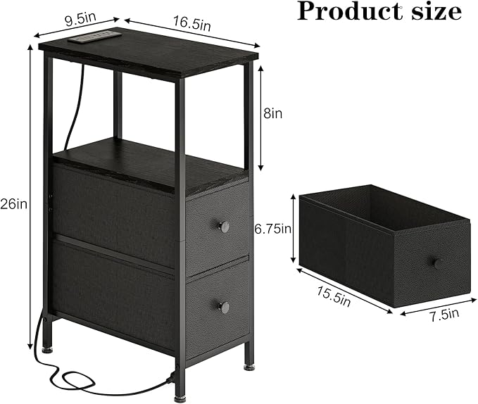 Fixwal Narrow Side Table with Charging Station and LED Light, Skinny Nightstand - Image 3