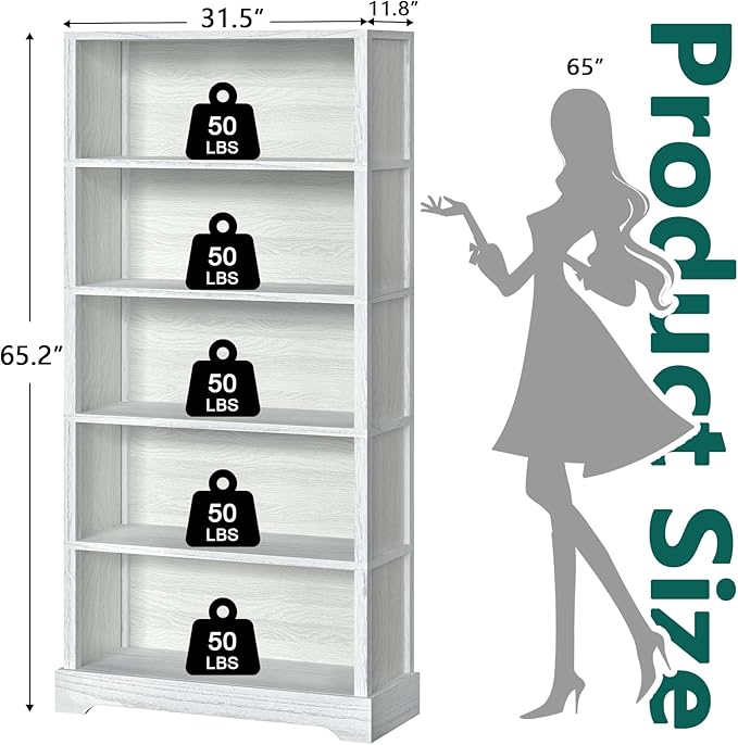 TVU 5-Shelf Wood Bookcase, 65 Inch Tall Bookshelf - Image 3