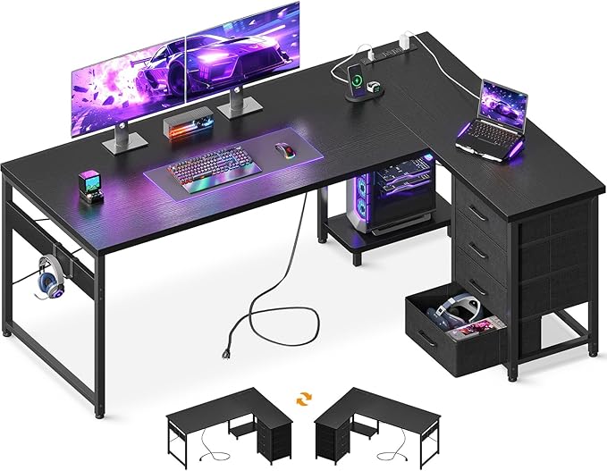 AODK L Shaped Gaming Desk with 4 Drawers, L Shaped Computer Desk with USB by AODK