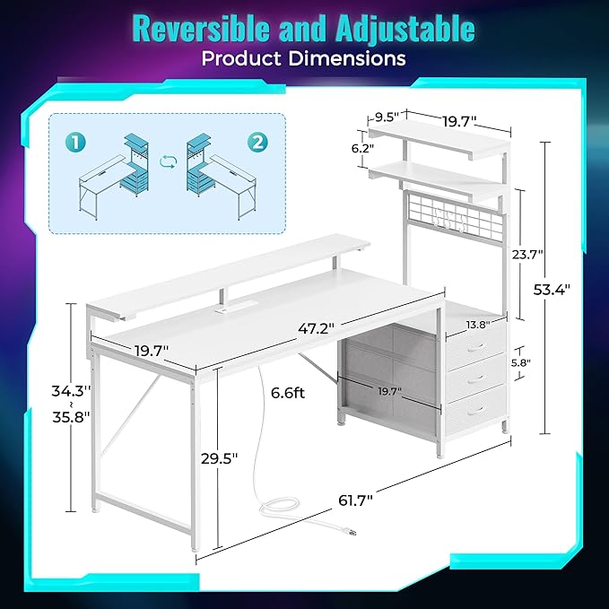 PRAISUN 61.7" Gaming Desk with LED Lights & Outlets, Computer Desk with 3 - Image 2