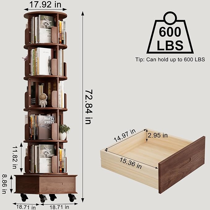 ZZV Solid Wood Rotating Bookshelf, 360° Display Bookcase - Image 2