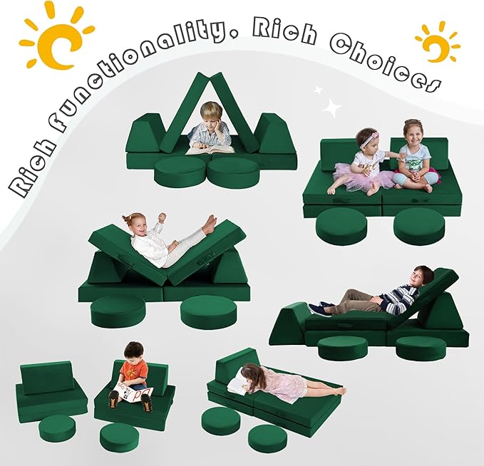 MeMoreCool 8-Piece Modular Kids Play Couch – Green Convertible Foam Toddler Sofa - Image 5
