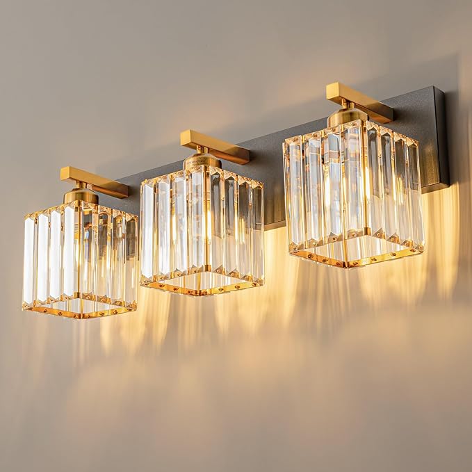 Modern Bathroom Vanity Light 3-Lights Black Gold Crystal Bathroom Wall Light by FDPBY