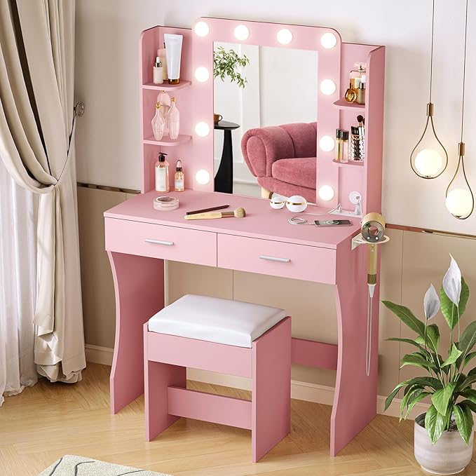 Vabches Vanity Desk with Lights, Makeup Vanity with Power Strip, Dressing Table - Image 2