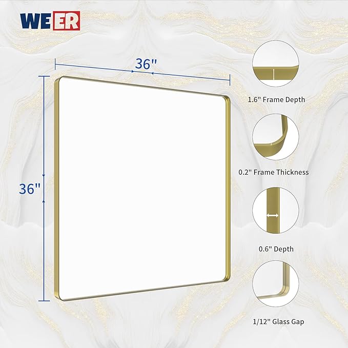 WEER Gold Bathroom Mirror, 36X36 Inch Brushed Metal Frame, Rounded Rectangle - Image 6