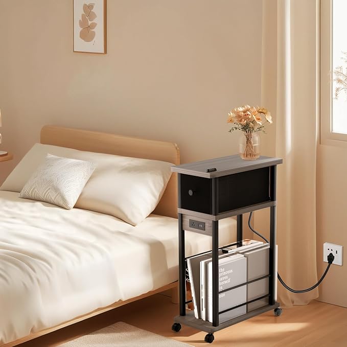 Side Table with Charging Station and Drawer, Narrow End Table with USB Ports - Image 7