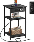 WLIVE Black End Table with Charging Station, Slim Night Stand with 3 Storage by WLIVE