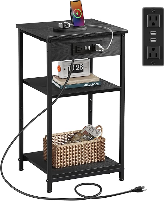 WLIVE Black End Table with Charging Station, Slim Night Stand with 3 Storage by WLIVE