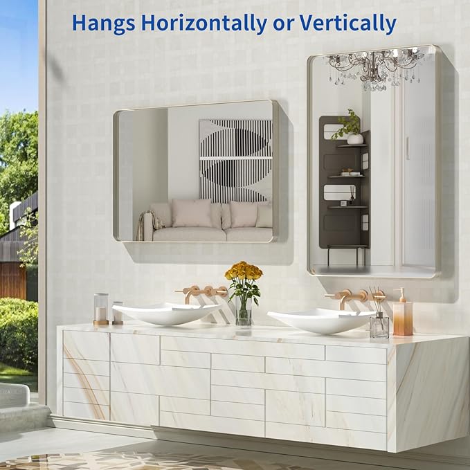 WEER 28X36 Inch Brushed Nickel Bathroom Mirror, Brushed Silver Metal Frame - Image 5