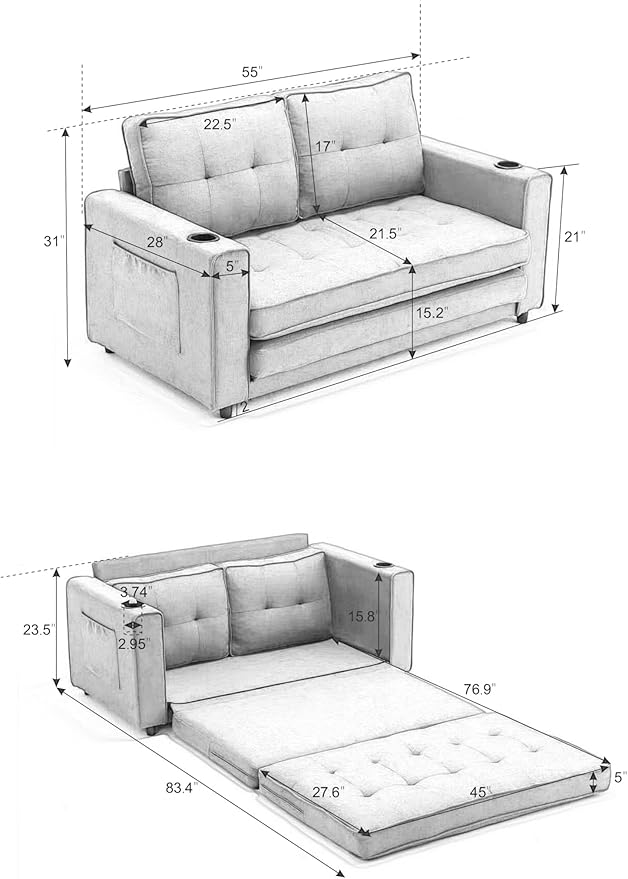 ERYE Modern Upholstered Loveseat Sofa Foldable Convertible Floor Sofabed - Image 2