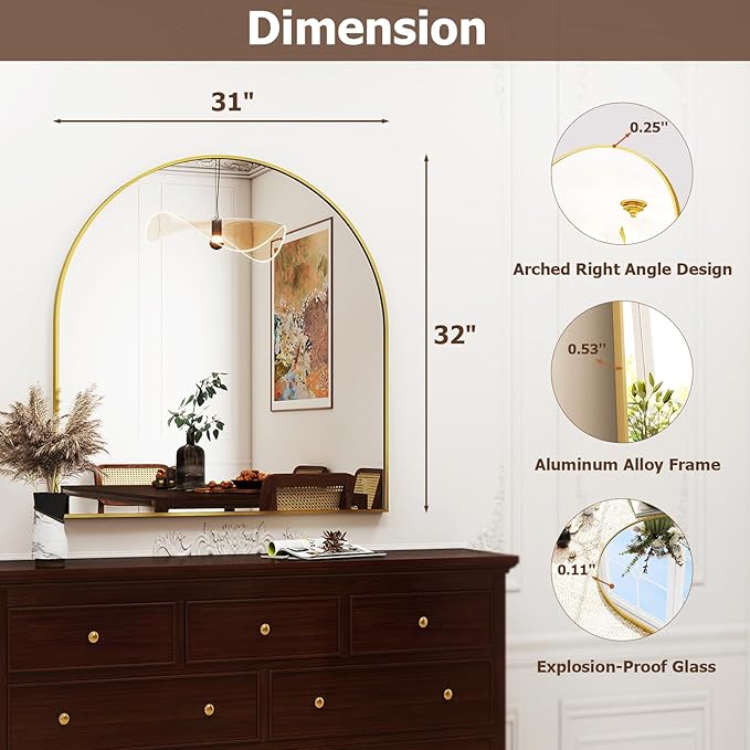 31"x32" Arched Wall Mirror for Bathroom, Living Room, Decorative Hanging Mirror - Image 6