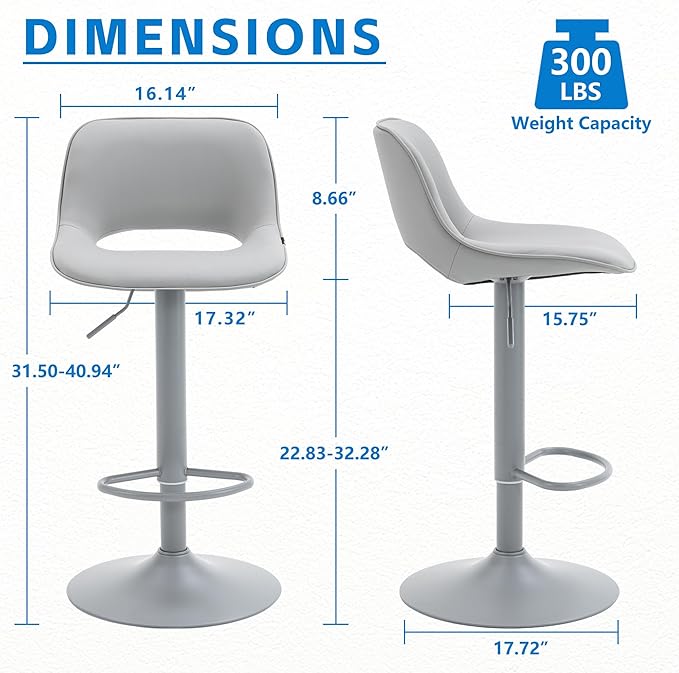 YOUNIKE Bar Stools Set of 2 All Grey Swivel Barstools, Adjustable Counter - Image 2