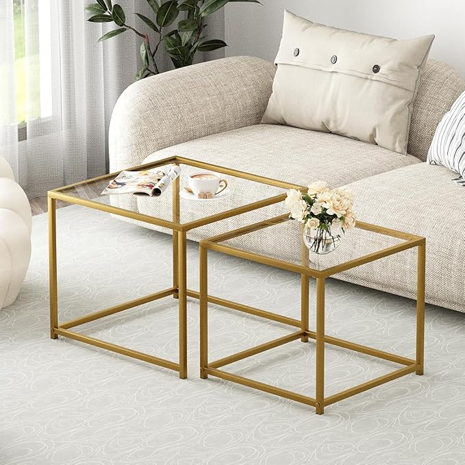 VILAWLENCE Coffee Table Set of 2, Modern Gold Glass Side Table, Metal Frame - Image 3
