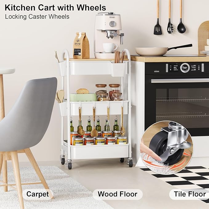 3 Tier Rolling Cart Metal with Wheels and Bamboo Table Top, Art Cart Organizer - Image 5