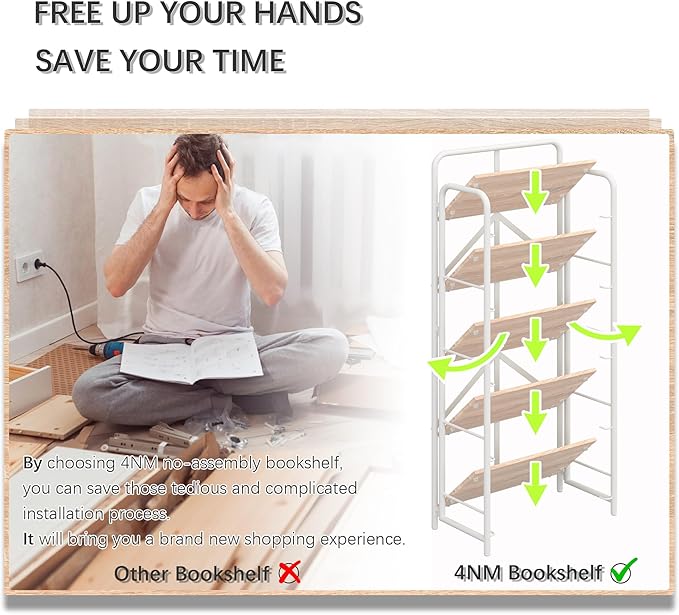 4NM No Assembly Folding Bookshelf 5 Tiers Vintage Industrial White Book Shelf - Image 8