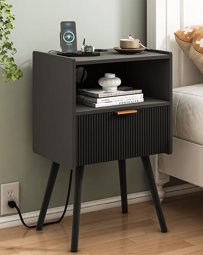 Black Nightstand with Outlet, Modern Bedside Table with Storage Drawer and Open by JOONEE