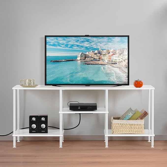 BTY White TV Stand with Storage, Wood Entertainment Center with Power Outlet - Image 7