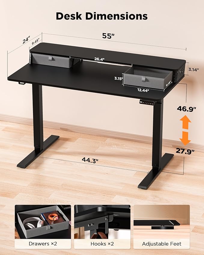 55x24 Inch Standing Desk with Double Drawers, C-Clamp Mount Compatible - Image 3