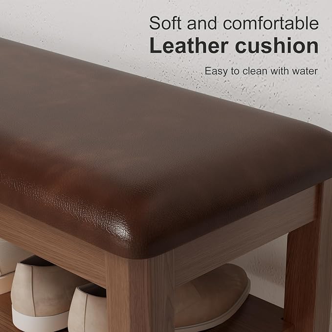 Shoe Bench with Leather Cushion, 3 Tiers Shoe Storage Bench Height Adjustable - Image 4