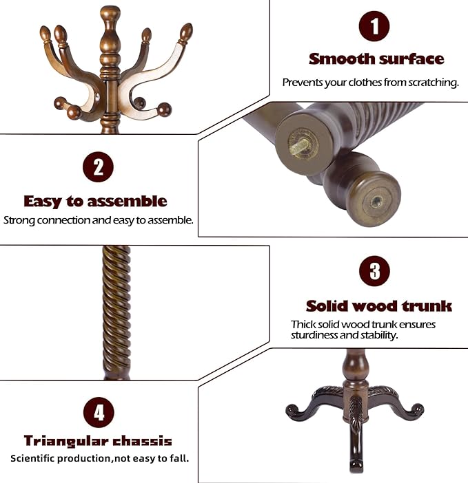 Coat Racks Free Standing with 11 Hooks, Natural Wood Coat Stands - Image 5