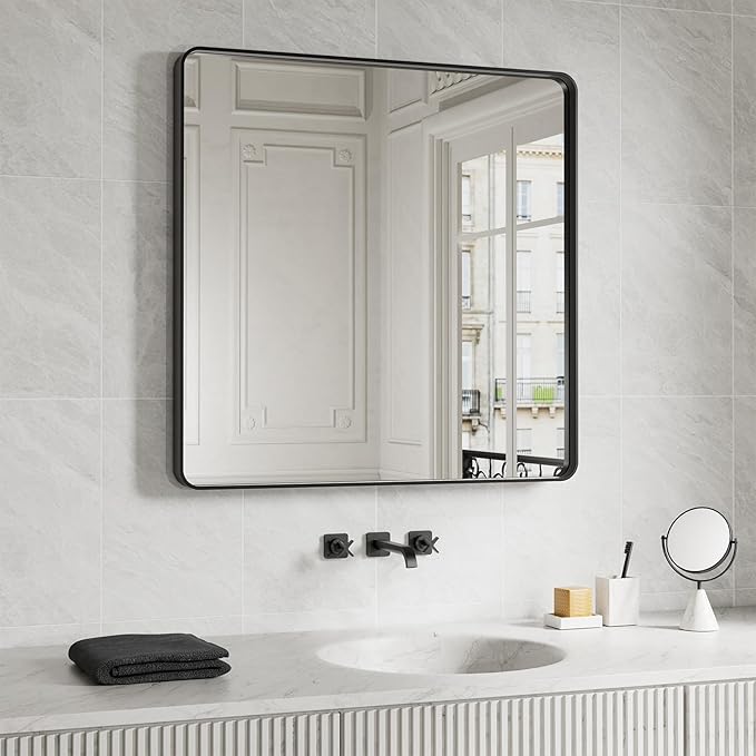 Black Bathroom Mirror 36X36 Inch, Rounded Rectangle Matte Bathroom Vanity Mirror by JISOSO