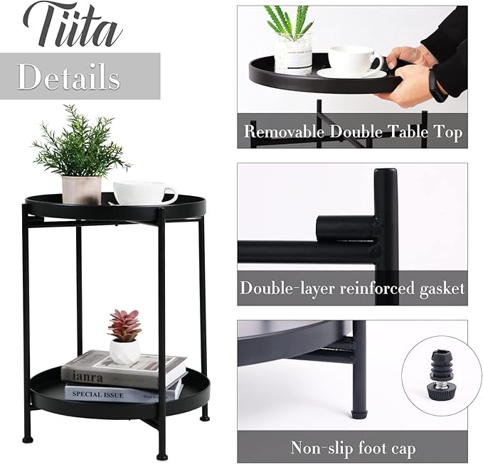 Tiita 2 Pack Round End Table Mental 2-Tier Side Table Nightstand/Small Iron - Image 3