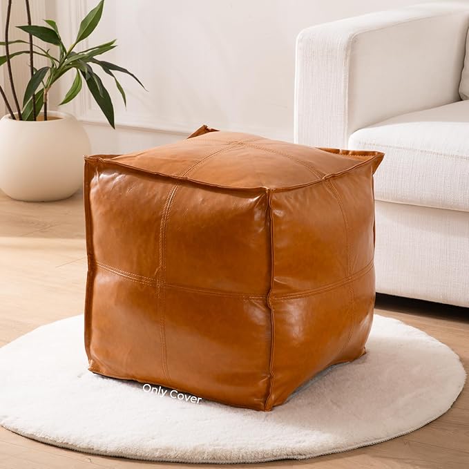 Pouf Ottoman Cover, 17.7" Square Unstuffed Pouf Cover, Faux PU Leather Moroccan by OAKVIVOElegantLifestyle