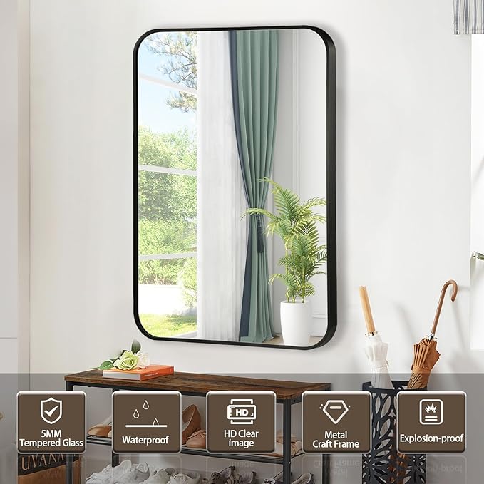 Black Bathroom Mirror, 26x38 Inch Matte Black Mirror, Aluminum Alloy Framed - Image 2