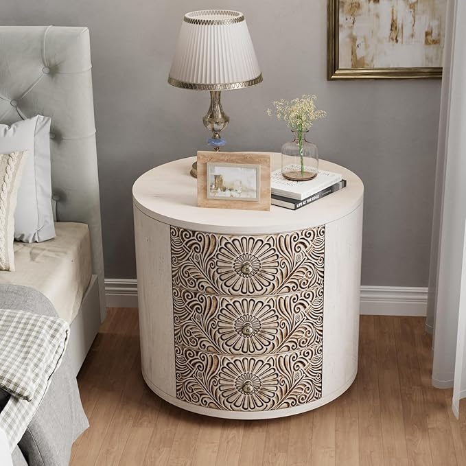 COSIEST Bedside Table Set of 2, Wood Nightstand 3 Drawers, Farmhouse Round End - Image 4