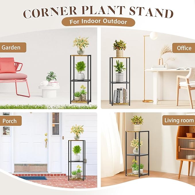 KMOTASUO 3 Tier Tall Plant Stands Indoor, 31 Inch Metal Wood Corner Plant Stand - Image 4