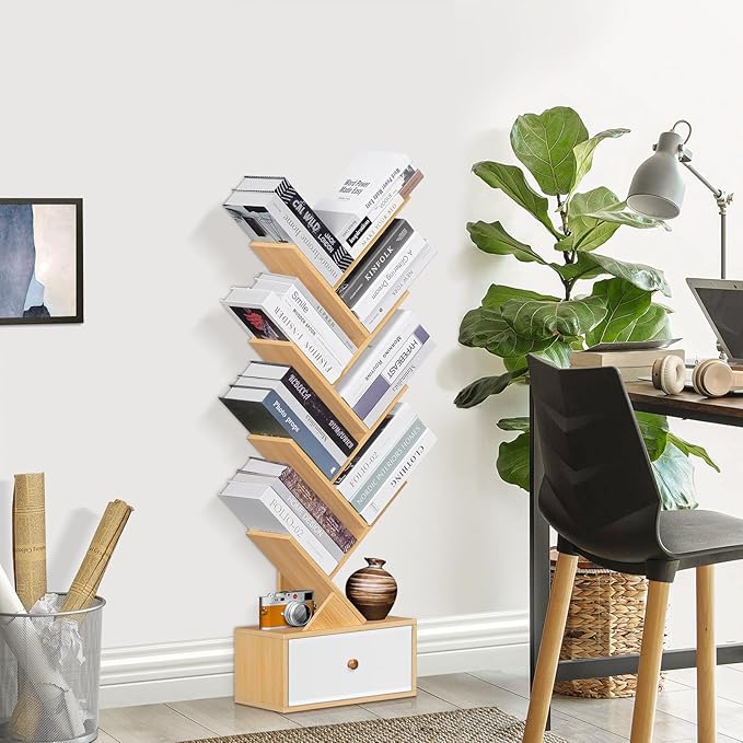8 Tier Tree Bookshelf with Drawer, Free Standing Wood Bookcase - Image 8