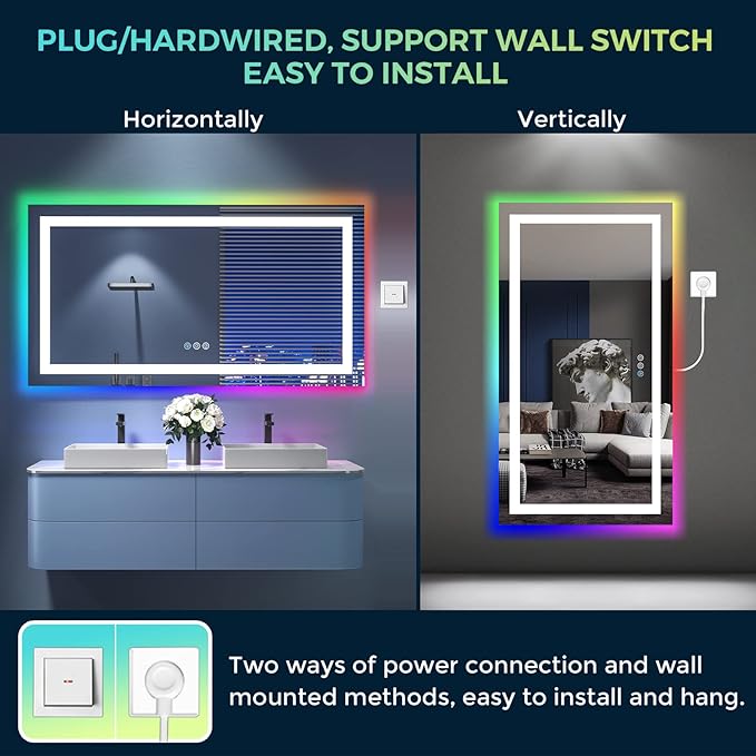55x30 Inch RGB LED Bathroom Mirror Front Light and RGB Backlit Lighted Vanity - Image 7