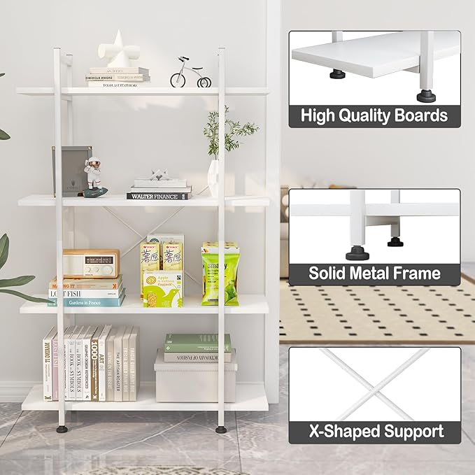 Bookshelf 4 Tiers White Wooden Storage Shelf, Modern Open Display Storage - Image 4