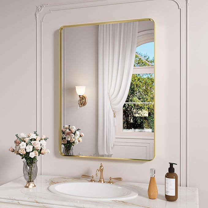 Gold Bathroom Mirror, 22x30 Inch Brushed Gold Metal Frame Mirror by JISOSO