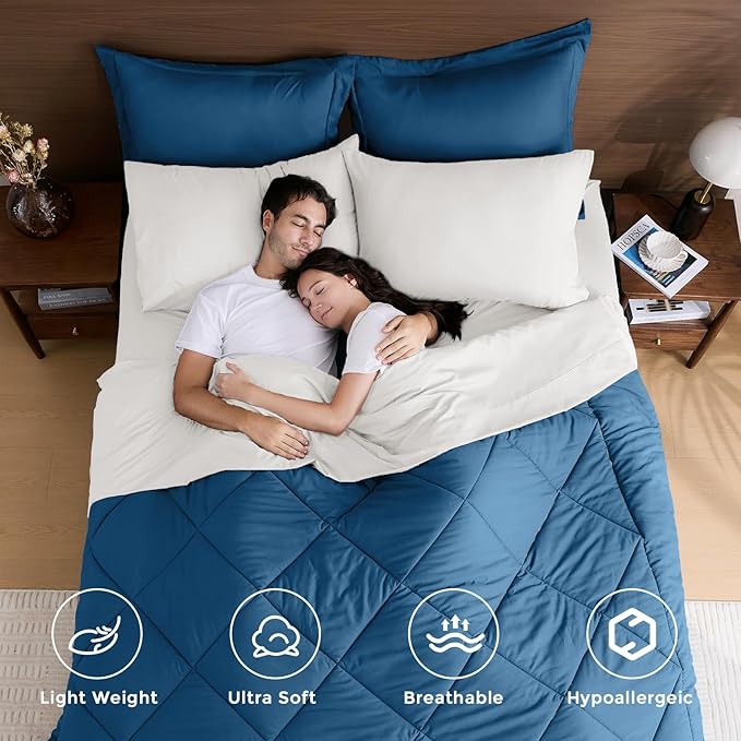 HEVUMYI Teal Blue & Ivory King Comforter Set - Image 2