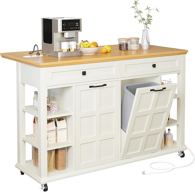 DWVO Kitchen Island with Drop Leaf, Tilt Out Trash Can Cabinet, Mobile Storage - Image 5