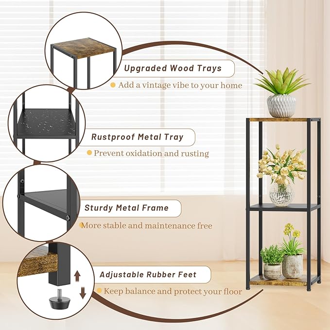 KMOTASUO 3 Tier Tall Plant Stands Indoor, 31 Inch Metal Wood Corner Plant Stand - Image 3