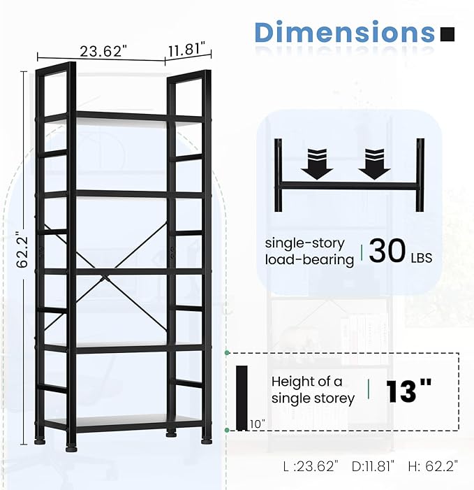 DUMOS 5 Tier Book Shelf Tall Modern Bookcase Set of 2 - Image 3