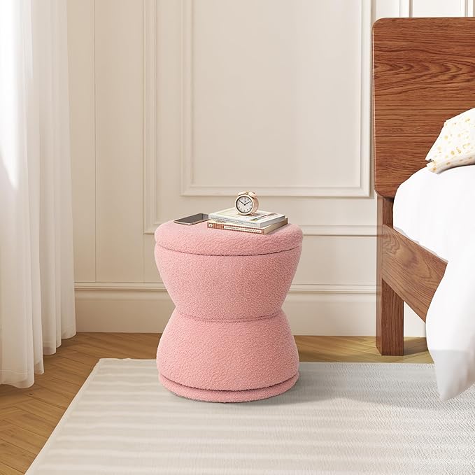 Round Ottoman with Storage, 360° Swivel Boucle Ottoman Vanity Stool, - Image 7