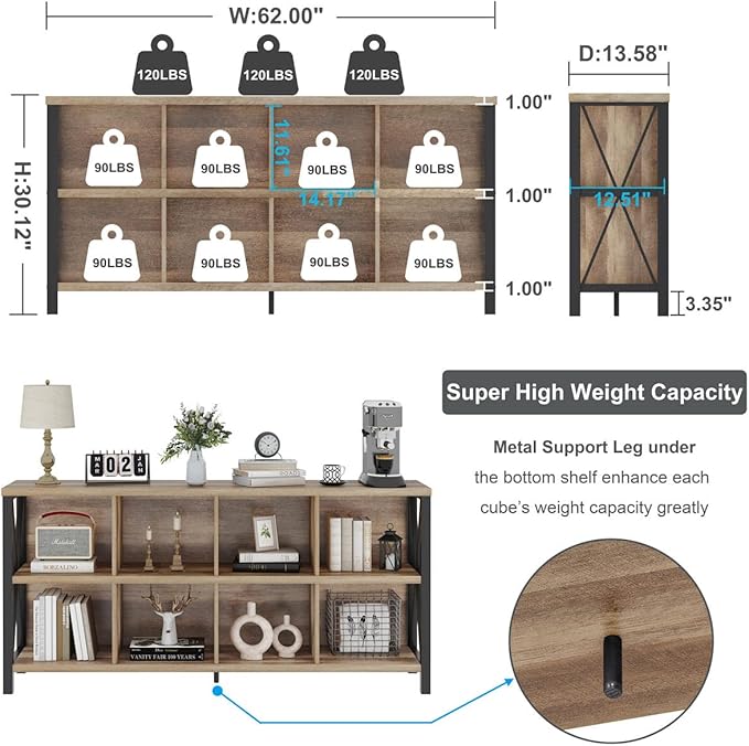 FATORRI 8 Cube Storage Organizer Bookshelf, Rustic Wood Cubby Bookcase - Image 2