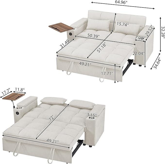 65-inch Multifunctional Loveseat Pull Out Sleeper Sofabed W/Cupholders - Image 2