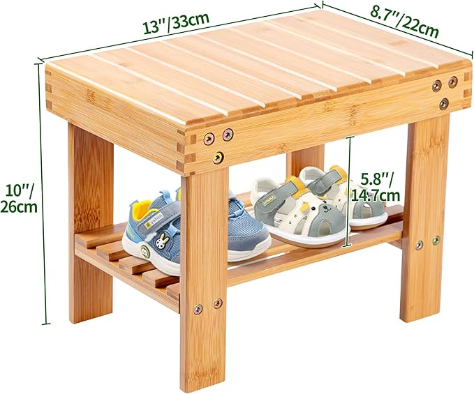 VaeFae Bamboo Small Seat Stool for Kids, Foot Rest Shaving Stool, Storage Shelf - Image 3
