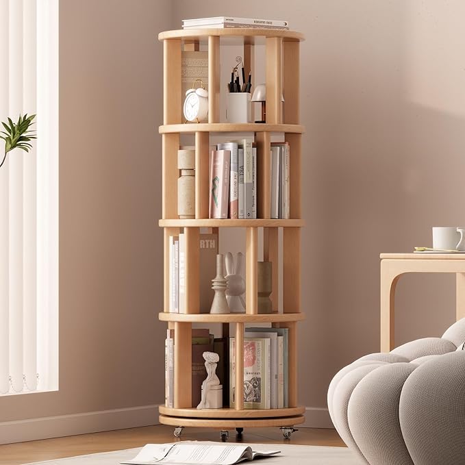 Solid Wood Rotating Bookshelf on Wheels, 4 Tier, Round Revolving Bookcase by Muwuele