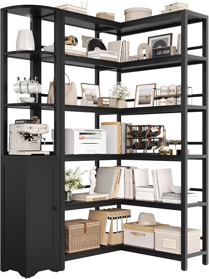 Keyluv Black Corner Bookshelf 72" Tall Corner Book Shelves Cases 2 Pieces Open - Image 6