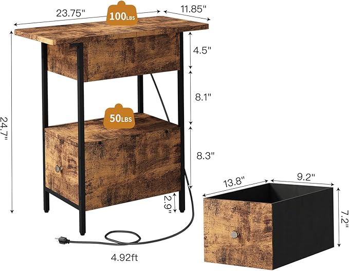 SOOWERY End Table with Charging Station, Narrow Side Table with Flip Top - Image 3