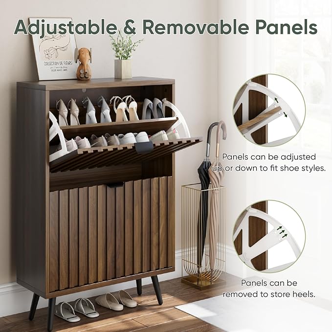 Smuxee Shoe Cabinet with 2 Flip Drawers, 23.6" Walnut Hidden Shoe Storage - Image 4